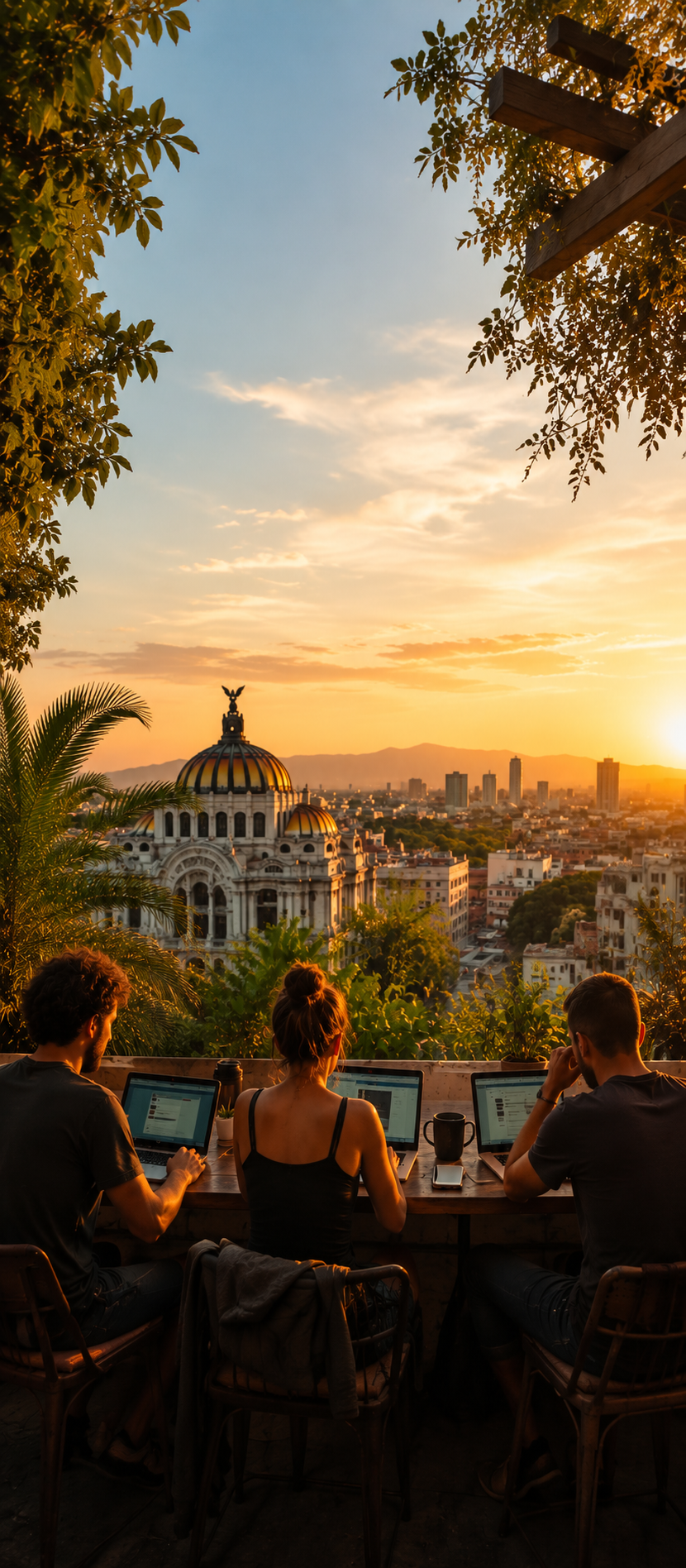 Nomads CDMX WhatsApp community coworking on a Mexico City rooftop near Palacio de Bellas Artes